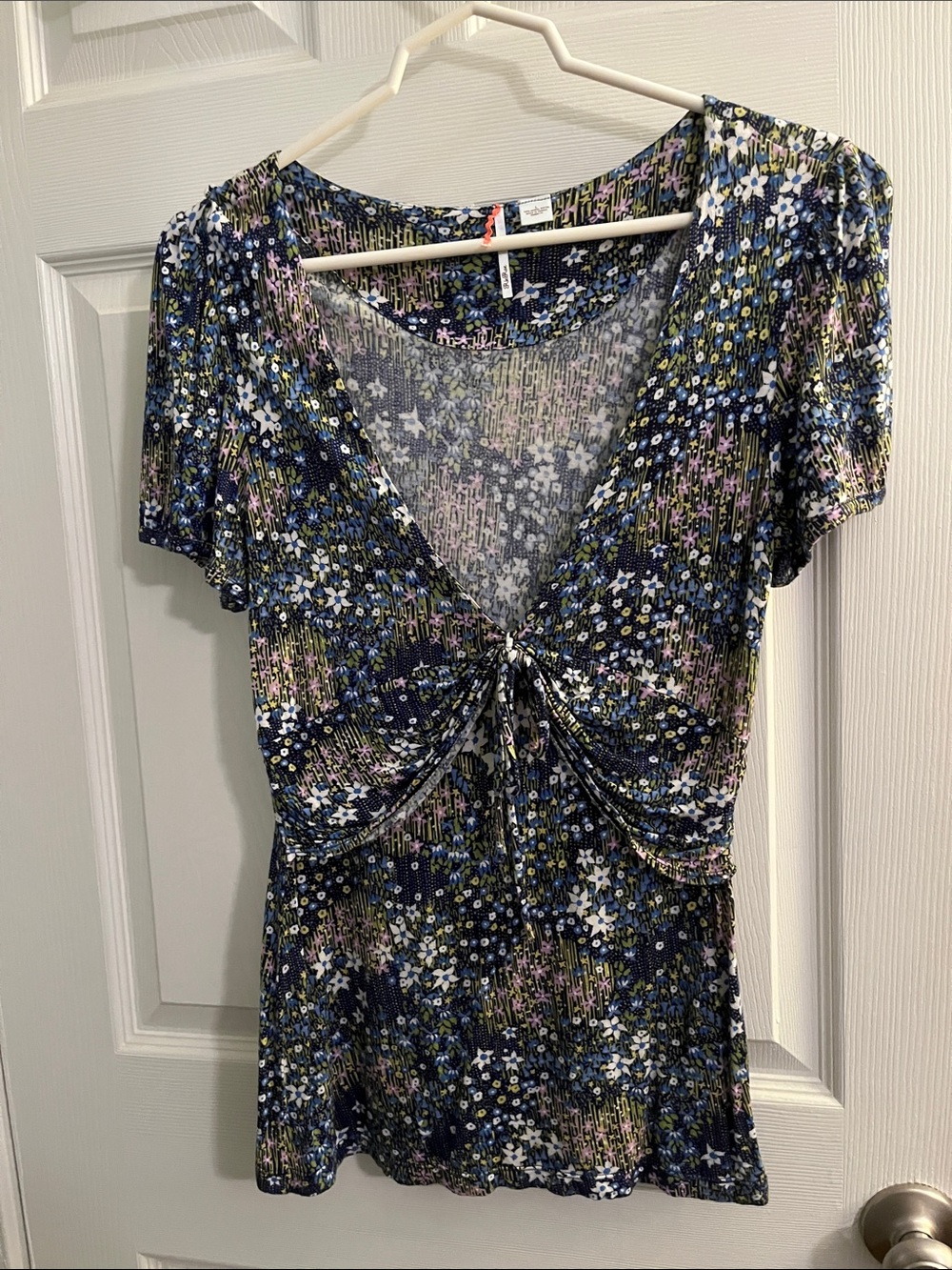 Anthropologie Navy Floral Twist-Front V-Neck Blouse